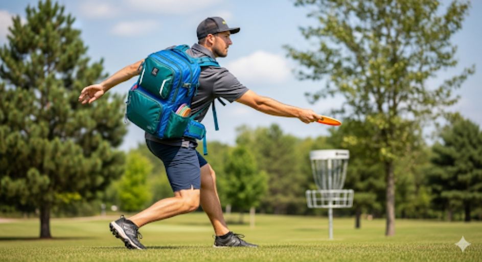 A male professional disc golfer in athletic gear, throwing a disc on a course while wearing a premium, high-quality disc golf backpack.